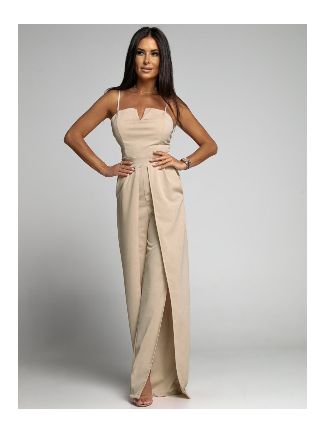 Elegant jumpsuit with straps and slits, beige AZRT035